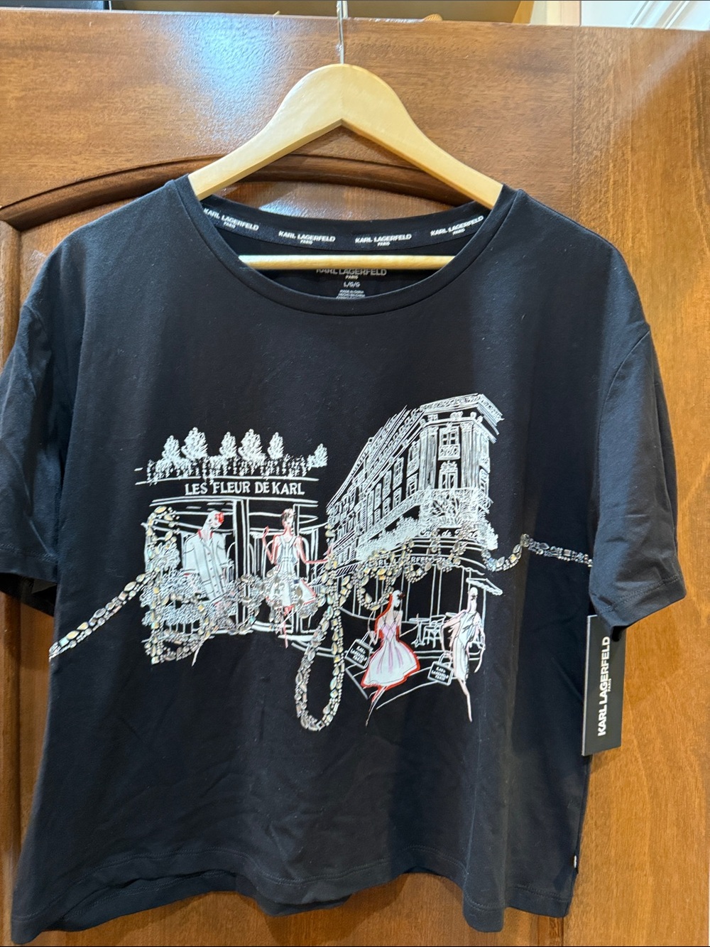 Karl Lagerfeld Black Tee with White and Pink Paris Graphic and rhinestones